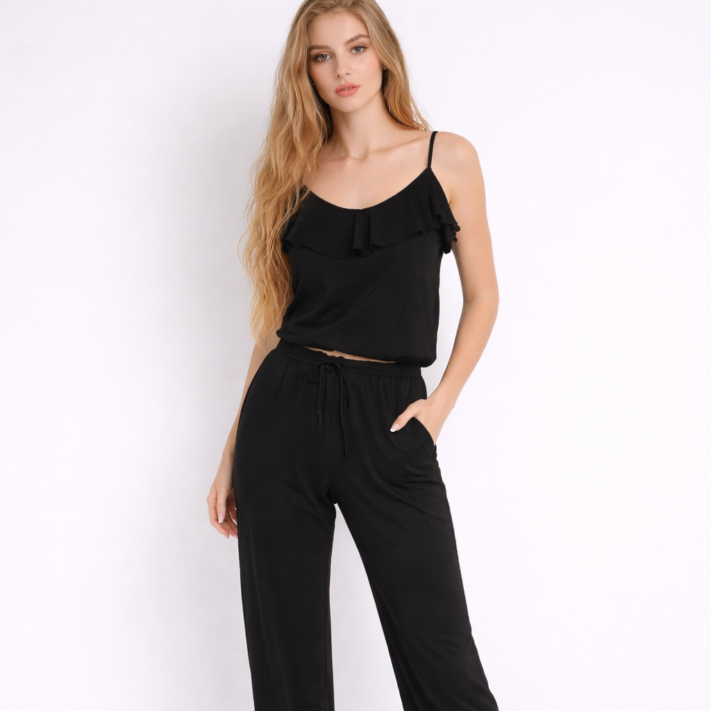 Women’s Ruffled Satin Pajama Set – Spaghetti Strap Top with Drawstring Pants