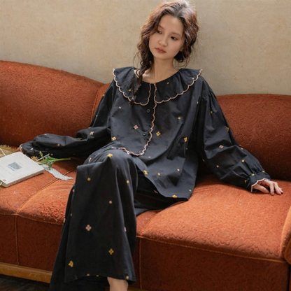 Women’s Cotton Floral Pajama Set – Long Sleeve Embroidered Sleepwear