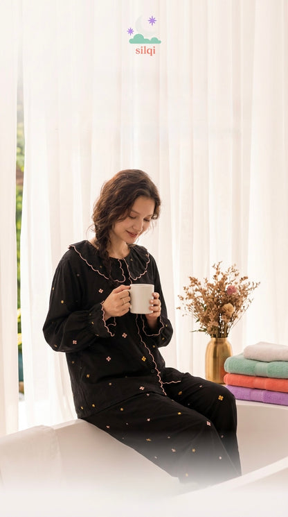 Women’s Cotton Floral Pajama Set – Long Sleeve Embroidered Sleepwear