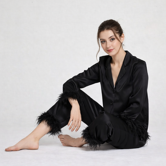 Women’s Satin Feather Trim Pajama Set – 2-Piece Long Sleeve Loungewear