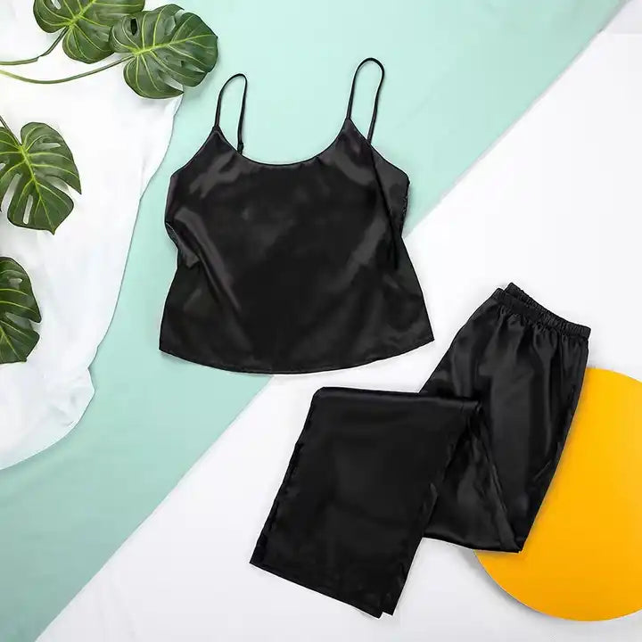 Women’s Black Lace Satin Pajama Set – Loose Fit with Spaghetti Straps