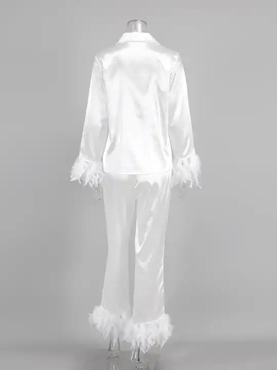Luxury Satin Feather-Trimmed Pajama Set for Women