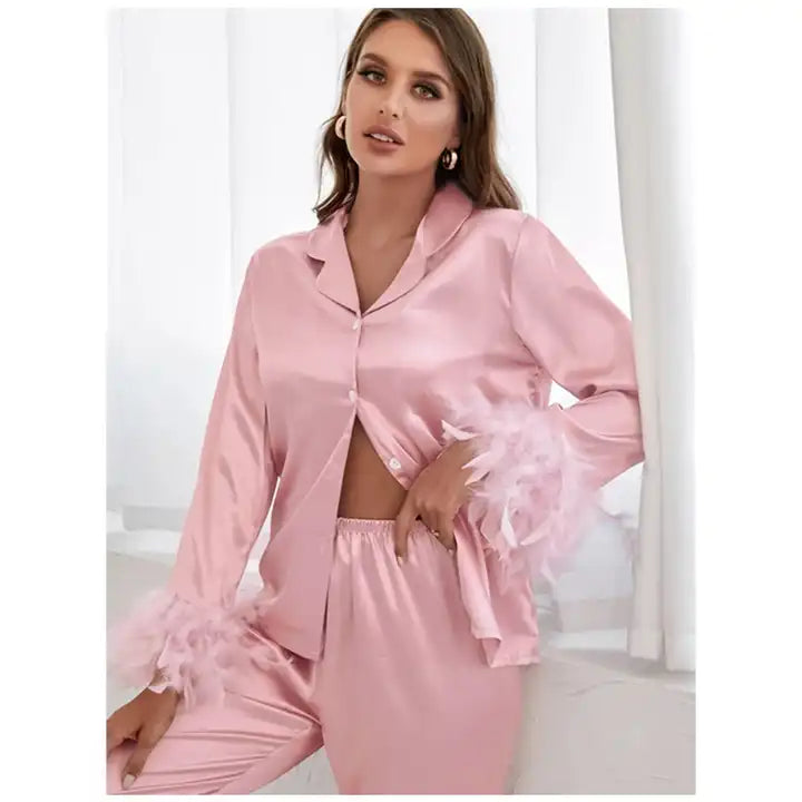 Luxury Satin Feather-Trimmed Pajama Set for Women