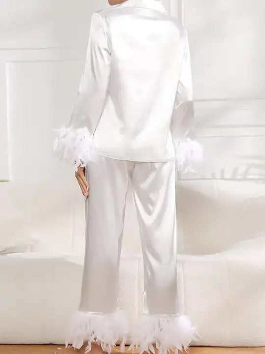 Luxury Satin Feather-Trimmed Pajama Set for Women