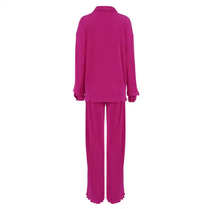 Women’s Pleated Two-Piece Set – Wide-Leg Trousers and Long Sleeve Blouse