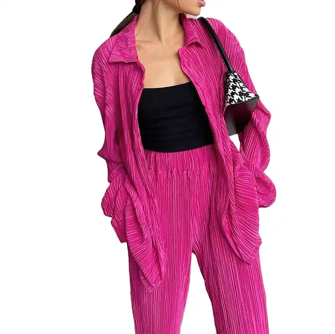 Women’s Pleated Two-Piece Set – Wide-Leg Trousers and Long Sleeve Blouse