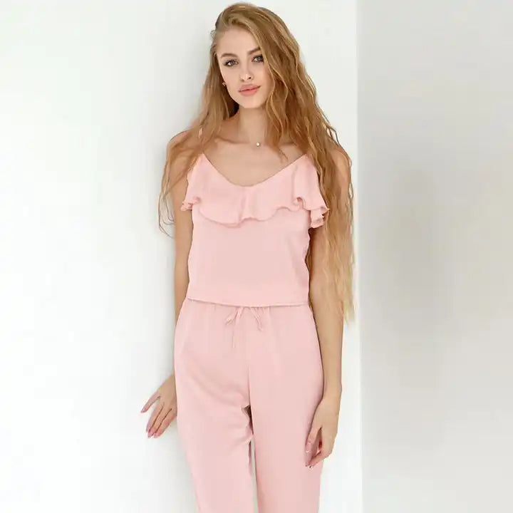 Women’s Ruffled Satin Pajama Set – Spaghetti Strap Top with Drawstring Pants