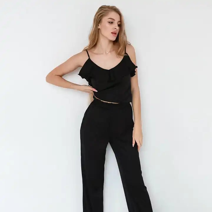 Women’s Ruffled Satin Pajama Set – Spaghetti Strap Top with Drawstring Pants