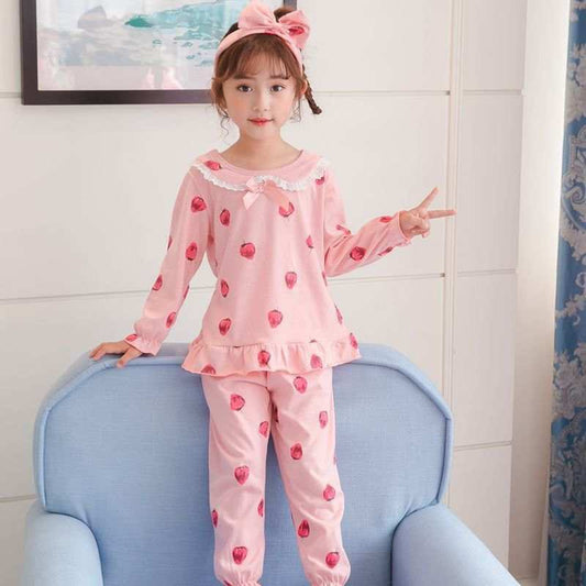 Strawberry Print Ruffled Pajama Set for Girls