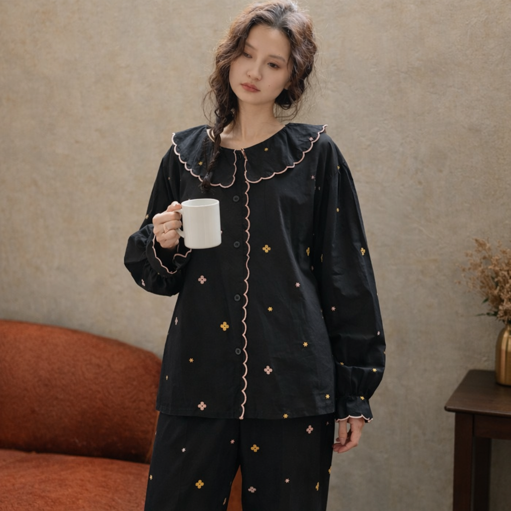 Women’s Cotton Floral Pajama Set – Long Sleeve Embroidered Sleepwear